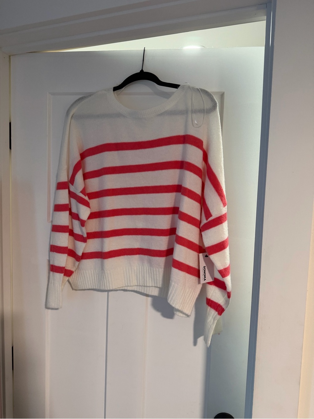 Sonoma White Sweater with Coral-Red Stripes